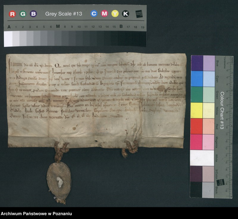 Obraz 4 z jednostki "Przemysł (I), książę Polski, wraz z bratem Bolesławem i matką Jadwigą nadają braciom dominikanom ziemię nad Wartą w Poznaniu dla"