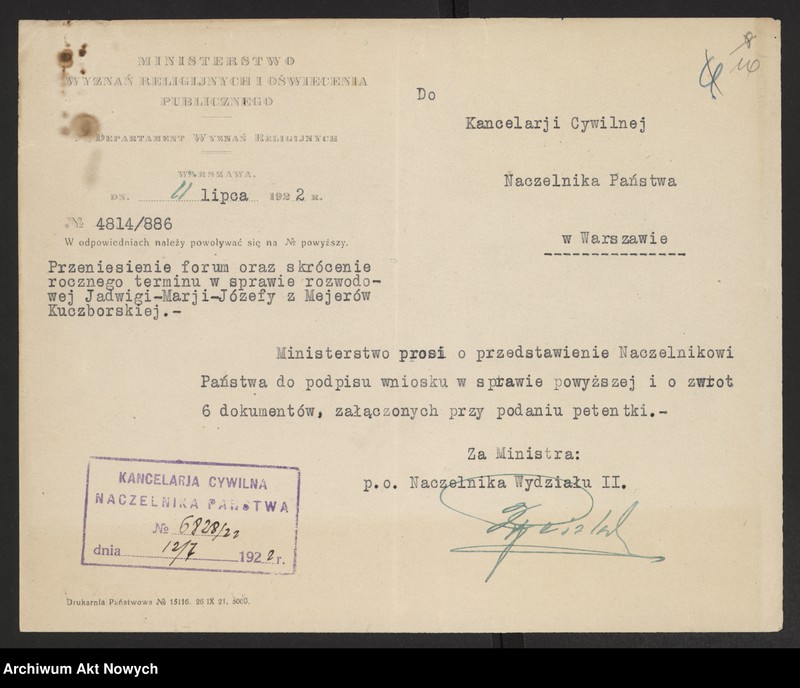 image.from.unit.number "Przeniesienie forum sądowego spraw rozwodowych do Sądów Konsystorskich Ewangelicko - Augsburskiego i Ewangelicko - Reformowanego oraz skrócenie rocznego terminu zapozwu w sprawach rozwodowych, rozpatrywanych przed najwyższymi sądami. Reskrypty Naczelnika Państwa, wnioski, korespondencja z Min. Wyznań Religijnych i Oświecenia Publicznego"