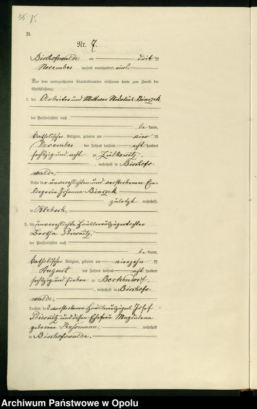 Obraz 19 z jednostki "Heiraths-Haupt-Register des Standsamts Bischofswalde pro 1901"