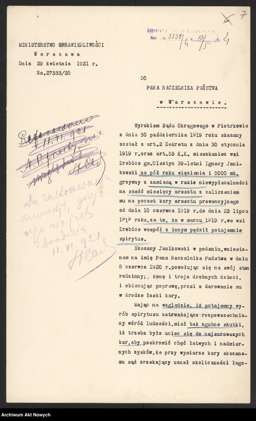 image.from.unit.number "Ułaskawienia z b. Kongresówki - nieuwzględnione, ale najczęściej objęte amnestią, dotyczące zabójstw, pobicia, kradzieży, oszustwa, spraw mieszkaniowych, gorzelnictwa, zniesławienia, zniewagi duchowieństwa i obrządków kościoła rzymsko - katolickiego, wykroczeń funkcjonariusza policji, występowania przeciw służbie wojskowej oraz powtarzania w czasie odwrotu wojska polskiego rzekomych wieści o jego klęskach"