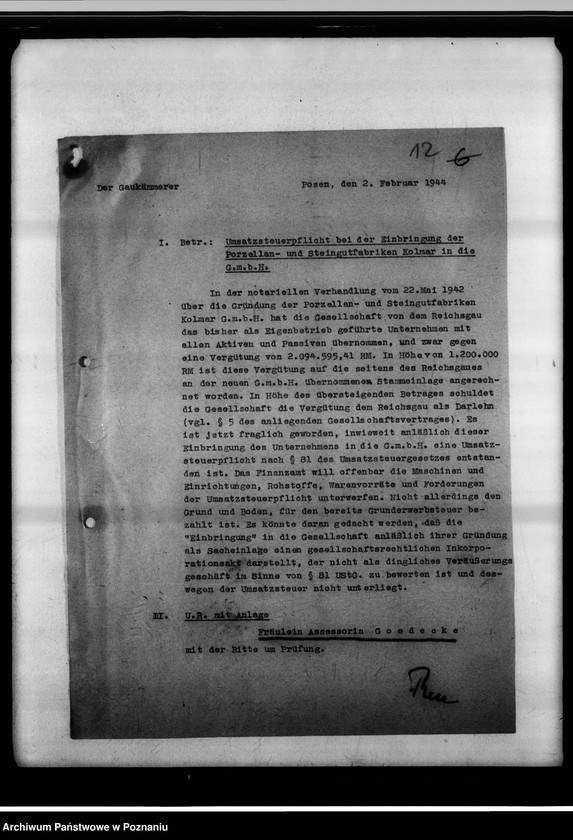 Obraz 16 z jednostki "Umsatzsteuerpflicht bei der Einbringung der Porzellan- und Steingutfabriken Kolmar in die G.m.B.H."