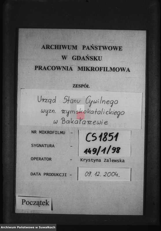 Obraz 1 z jednostki "[Akta urodzeń, małżeństw i zgonów wyznania rzymskokatolickiego parafii w Bakałarzewie]"