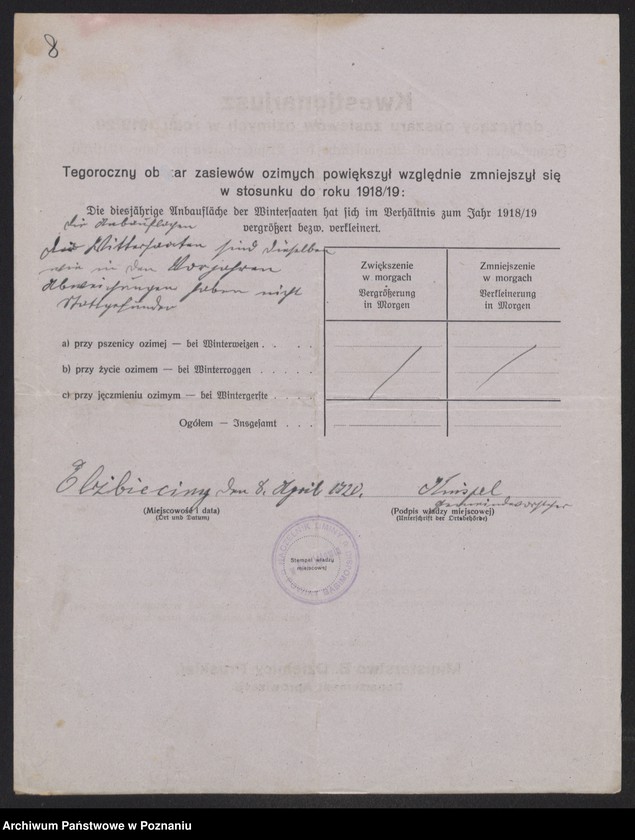 Obraz 10 z jednostki "[Kwestionariusz dotyczący zasiewów ozimych w roku 1919/1920 w powiecie babimojskim]"