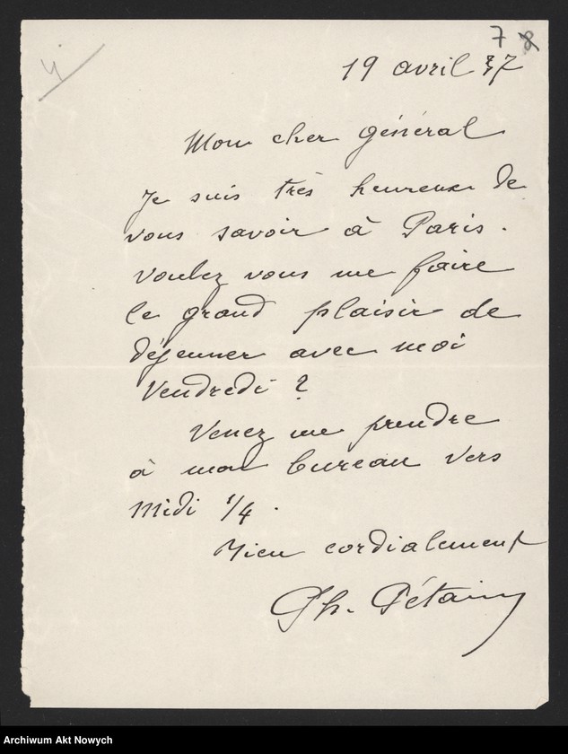 image.from.unit.number "Pétain Henri-Phillippe, marszałek Francji. Spotkania z W. Sikorskim w Paryżu. Prośba W. Sikorskiego o dokumentację francuską o obecnym stanie armii niemieckiej. Odznaczenia francuskie dla osób polecanych przez I. Paderewskiego."