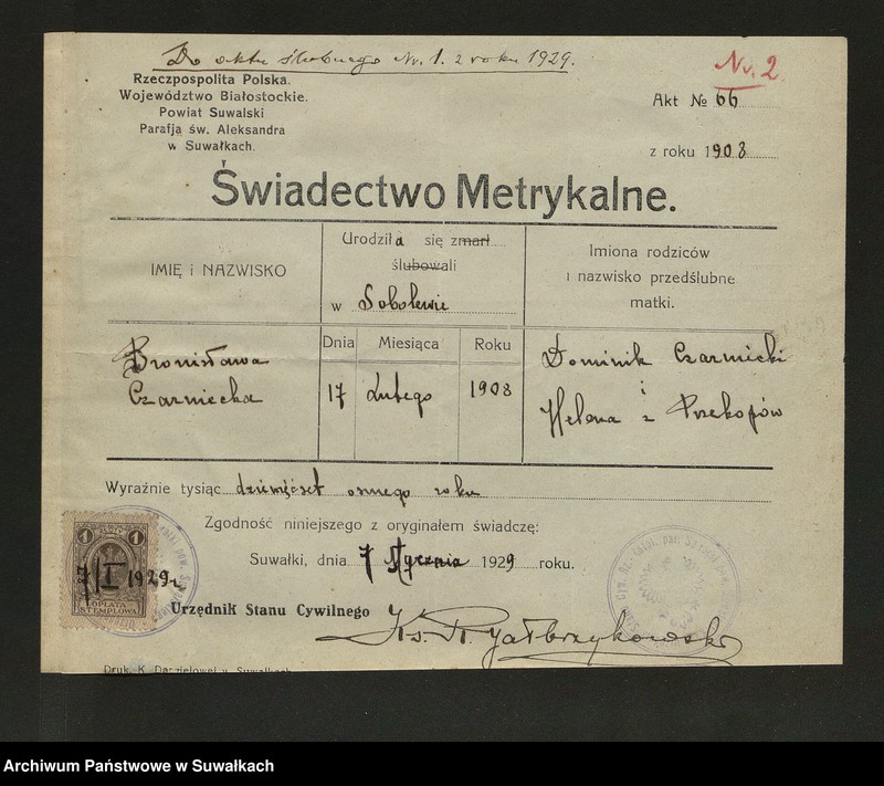 Obraz z jednostki "Aneksa czyli dokumenty przynależne do aktów slubnych parafji Podżyliny dekanatu Suwalskiego za 1929 rok"