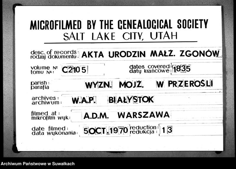 image.from.unit.number "Duplikatu Ksiąg Aktów Urodzonych, Umarłych i Zaślubionych Okręgu Przerośl na Rok 1835."