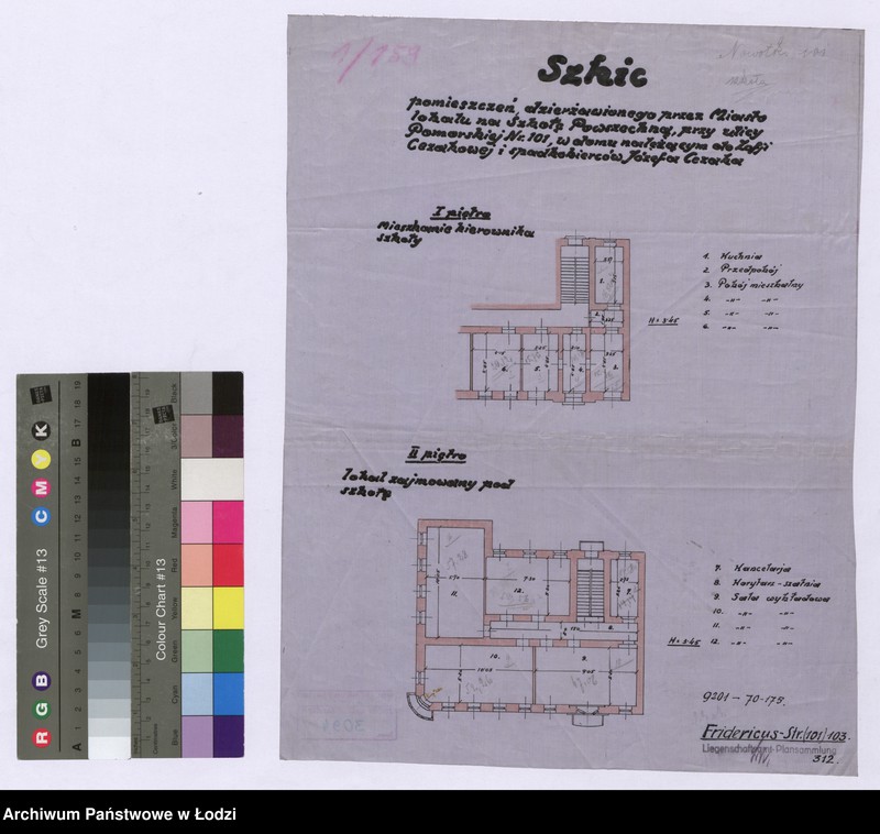 Obraz 1 z jednostki "Szkic pomieszczeń, dzierżawionego przez Miasto lokalu na Szkołę Powszechną, przy ulicy Pomorskiej Numer 101, w domu należącym do Zofii Cezakowej i spadkobierców Józefa Cezaka"