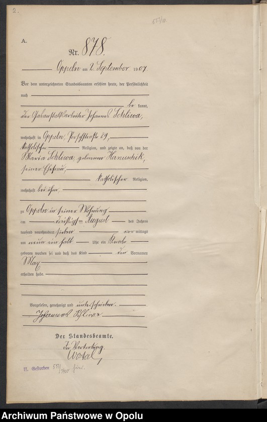 image.from.unit.number "Urząd Stanu Cywilnego w Opolu 1907 Rejestr Urodzeń miejscowa Nr 878 do 1277"