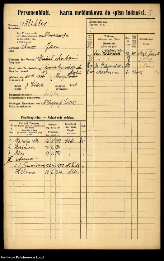 Obraz 7 z jednostki "[Spis ludności Łodzi] Mikler - Mikołajczyk"