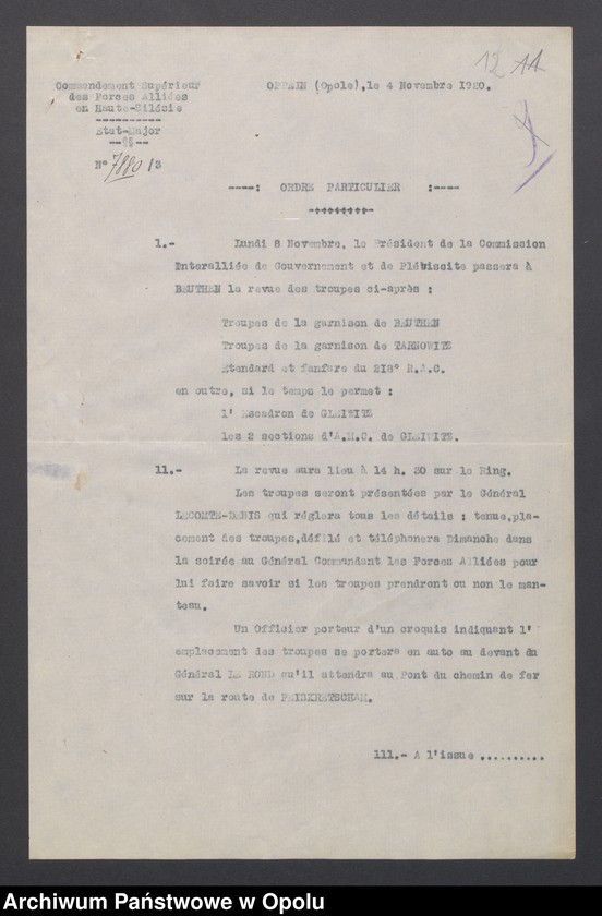 Obraz 14 z jednostki "Sorties /Korespondencja własna wychodząca, pisma, zarządzenia, potwierdzenia telefoniczne, instrukcje, sprawozdania/ 1.11.1920-31.01.1921"
