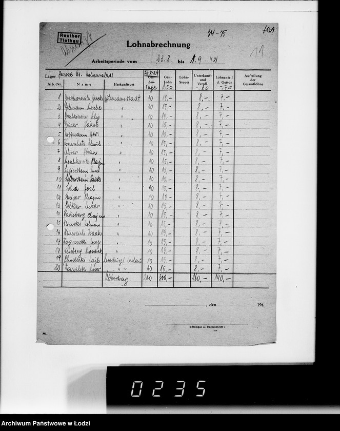 Obraz 14 z jednostki "Sonderkonto 12300. Arbeitsamt Hohensalza Lager:Amsee (Reuther- Tiefbau), Hohensalza Amsee, (Continentale Wasserwerk- Gesellschaft), Bahnhof Hohensalza (Otto Quast), Jakschitz (Otto Quast), Weidener Weiche, Reichsbahn (Otto Quast)."