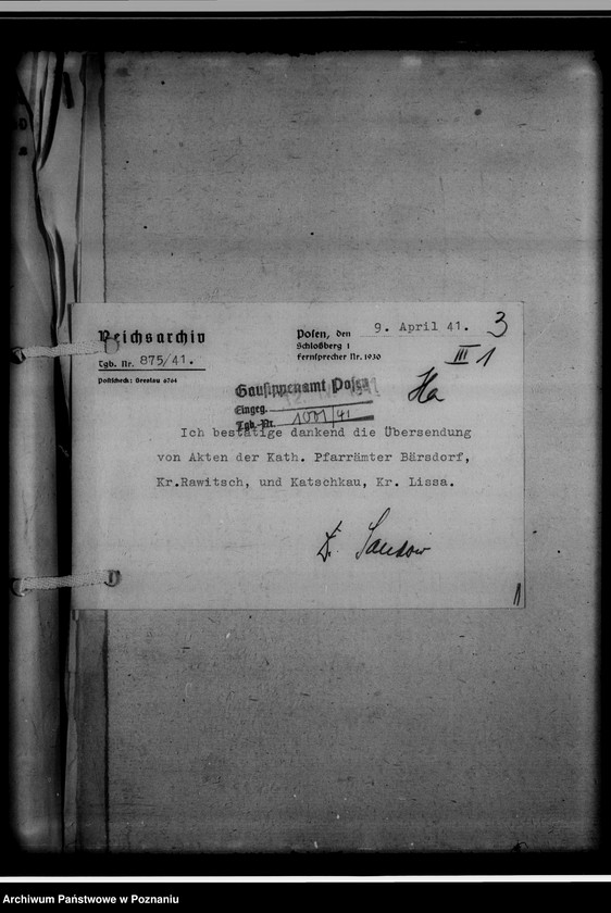 Obraz 7 z jednostki "[Korespondencja w sprawie przekazywania ksiąg kościelnych z Gausippenamt w Poznaniu do Reichsarchiv w Poznaniu]"