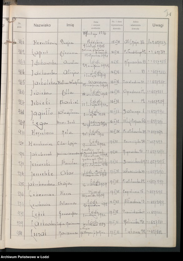 image.from.unit.number "Ewidencja dowodów osobistych wydanych przez Zarząd Miejski w Łodzi, zespół nr 3 [- nazwiska na litery Ch, H, I, J, L, Ł]"