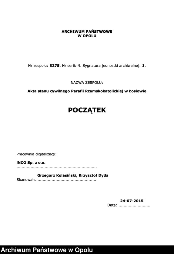 Obraz 1 z jednostki "[Księga chrztów, małżeństw i zgonów parafii katolickiej w Łosiowie z jej kościołami filialnymi w Różynie i Buszycach z lat 1849 - 1874]"