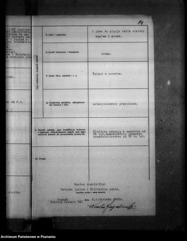 Obraz 18 z jednostki "Zatwierdzenie zakładu przemysłowego /szlifierni szkła/ W. Jagodzińskiego w Poznaniu"