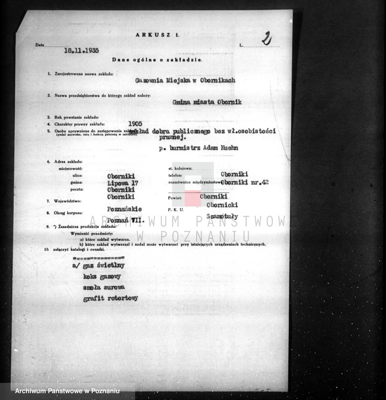 Obraz 6 z jednostki "Kwestionariusz Gazowni Miejskiej w Obornikach"