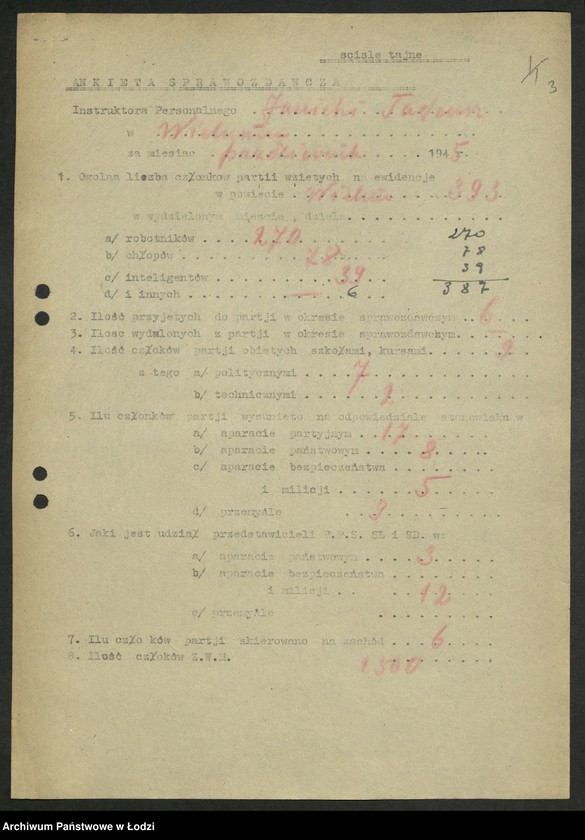 Obraz 4 z jednostki "Ankiety sprawozdawcze instruktora Komitetu Powiatowego Wieluń [z załącznikami]"