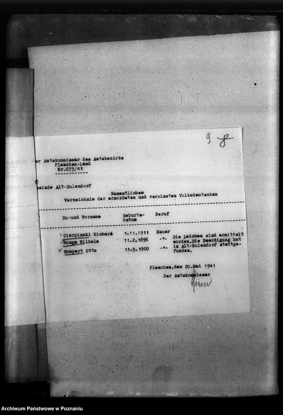 Obraz 13 z jednostki "Kreis Jarotschin (Jarocin). Zgłoszenia zmarłych i zaginionych miejscowych Niemców w 1939 roku"