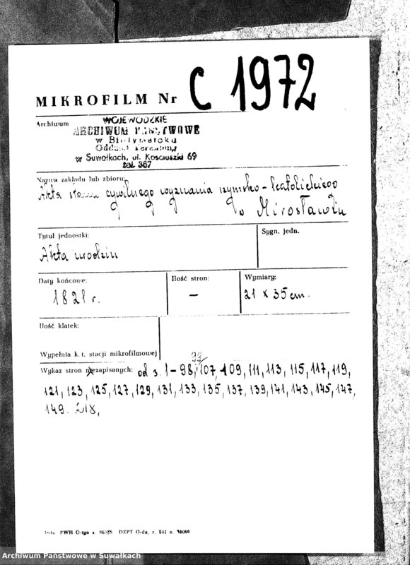 image.from.unit.number "Akta Urodzonych Gminy Mirosławskiey na Rok 1821- szy"