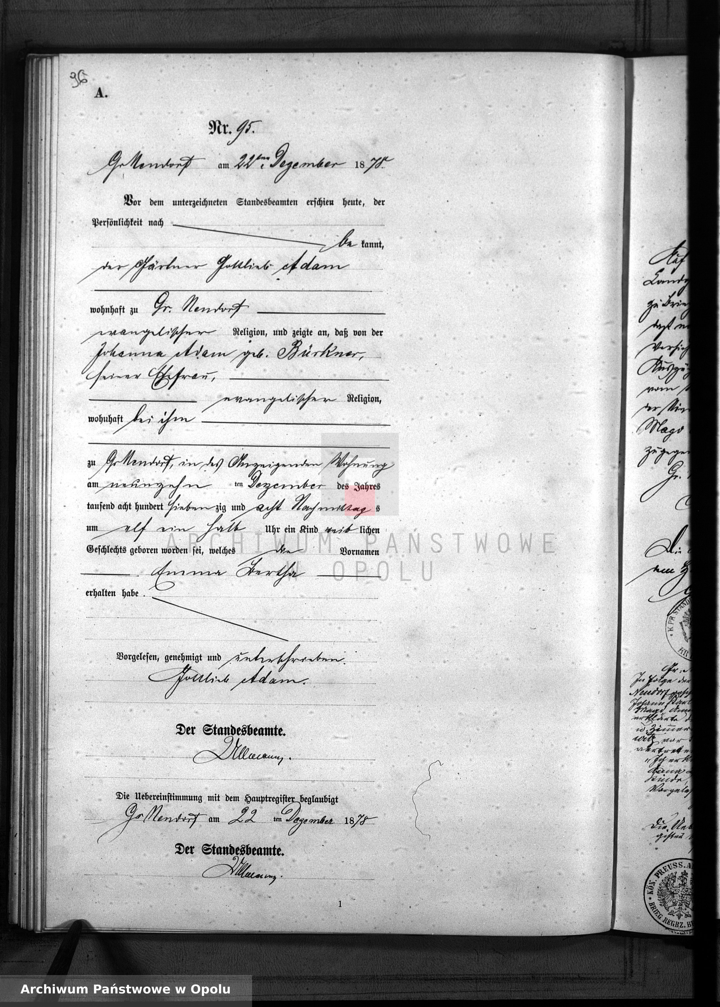 Skan z jednostki: Geburts-Neben-Register Standesamt Gross Neudorf 1878