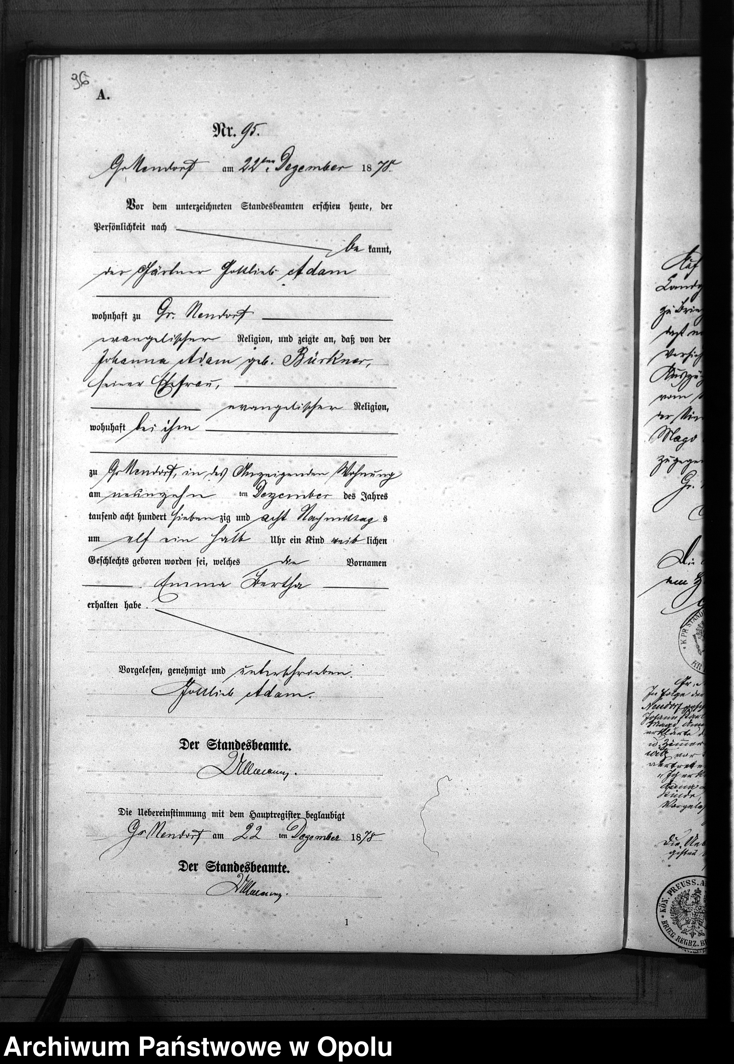 Skan z jednostki: Geburts-Neben-Register Standesamt Gross Neudorf 1878