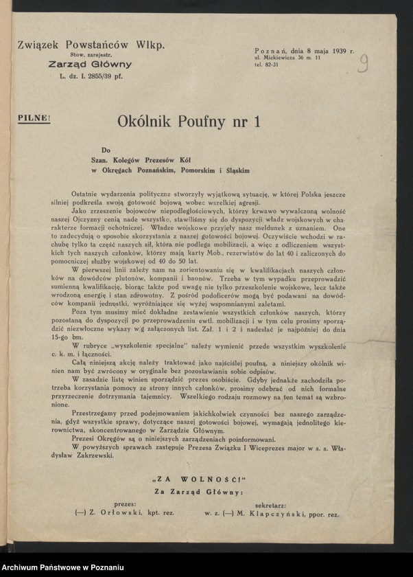 Obraz 15 z jednostki "Okólniki własne Zarządu Głównego Związku Powstańców Wielkopolskich."