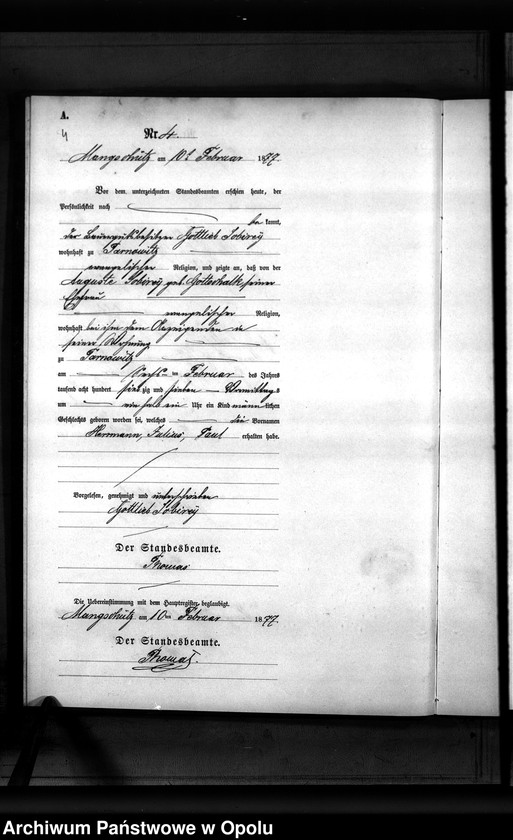 image.from.unit.number "Geburts-Neben-Register des Standesamts Mangschütz Kr.[eis] Brieg pro 1877"