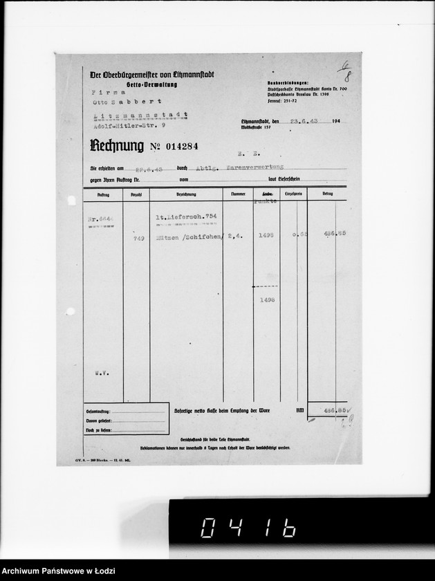 Obraz 12 z jednostki "Firma Otto Sabbert Litzmannstadt IV Warenverwertung an den Juden-Ältesten. Kinderhüte, Mützen"