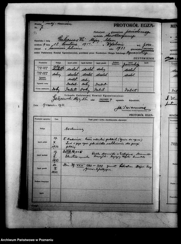 Obraz 16 z jednostki "Protokoły egzaminu dojrzałości Państwowego Gimnazjum Klasycznego- Trzemeszno"