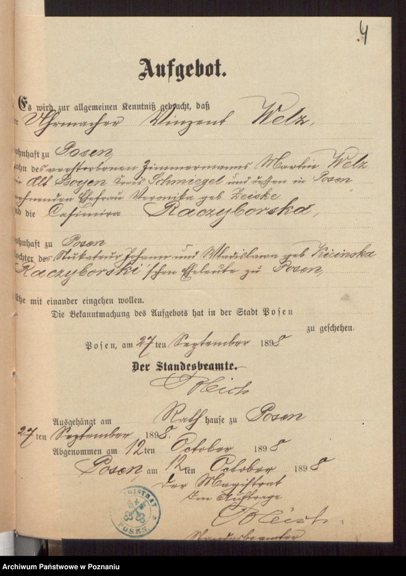 Obraz 6 z jednostki "Die von den Verlobten beigebrachten Urkunden zur Eheschliessung pro 1898"