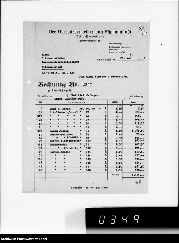 Obraz 20 z jednostki "Aufträge Litzm. Warenhandelsgesellschaft"