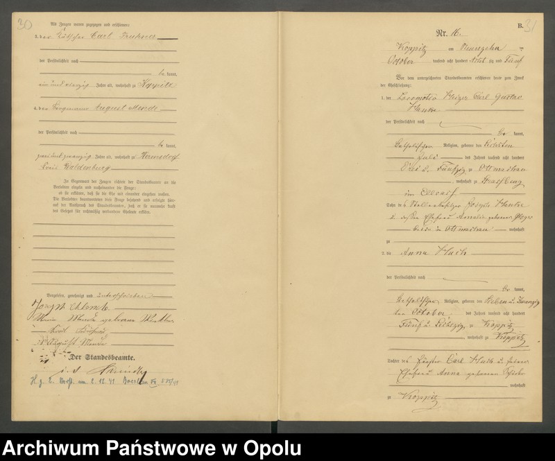 Obraz 18 z jednostki "Heiraths-Haupt-Register Standesamts Koppitz pro 1885"