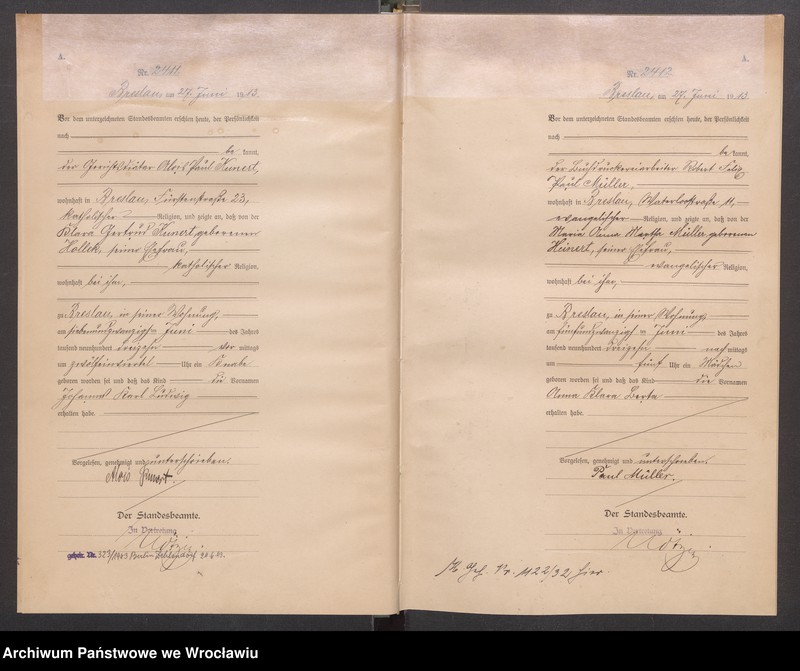 image.from.unit.number "Geburts Neben Register Standesamt Breslau III 1913 Band 7"