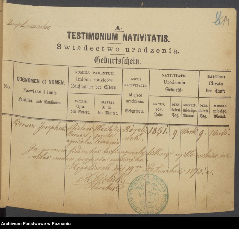 Obraz 15 z jednostki "Die von den Verlobten beigebrachten Urkunden zur Eheschliessung pro 1875"