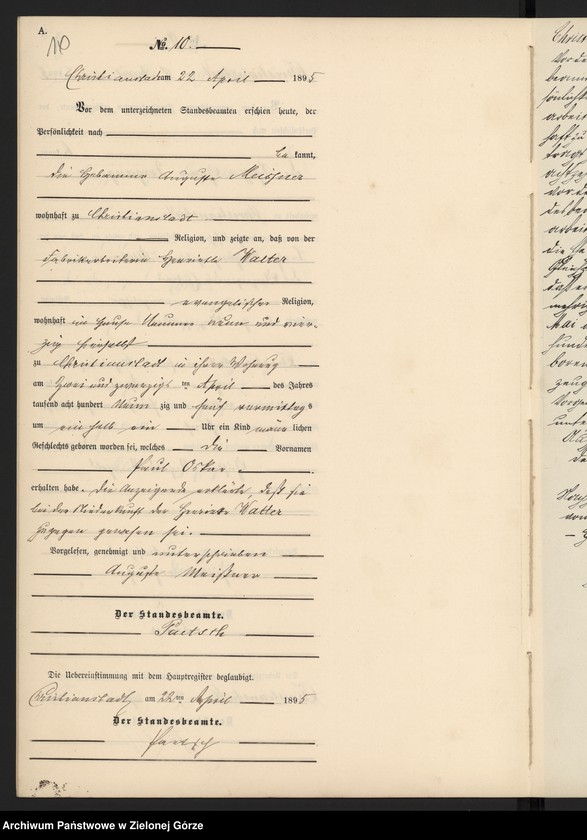 Obraz 13 z jednostki "Geburts-Neben-Register im Standes-Amt Christianstadt Kreis Sorau 1895"