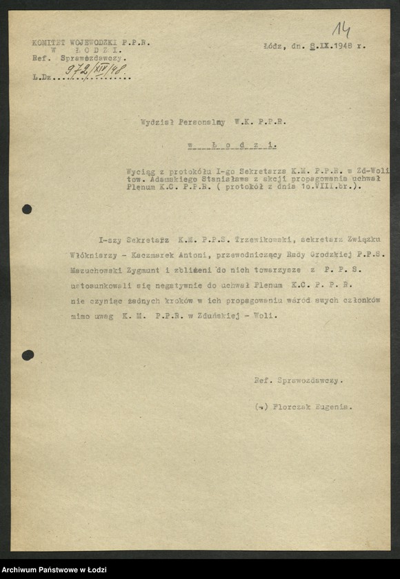 Obraz 15 z jednostki "[Wyciągi] Referatu Sprawozdawczego [dla wydziałów i Komisji Kontroli Partyjnej z protokołów zebrań i sprawozdań instruktorów]"