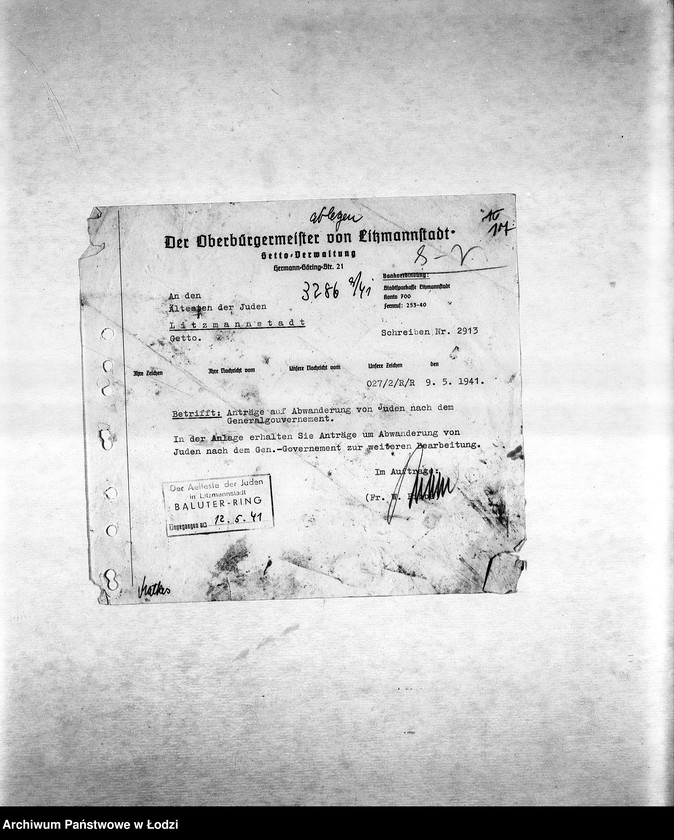 Obraz 20 z jednostki "[Korespondencja PSŻ w sprawie ruchu ludności getta, indywidualnych przesiedleń, przekazywania dzieci do getta itp.]"