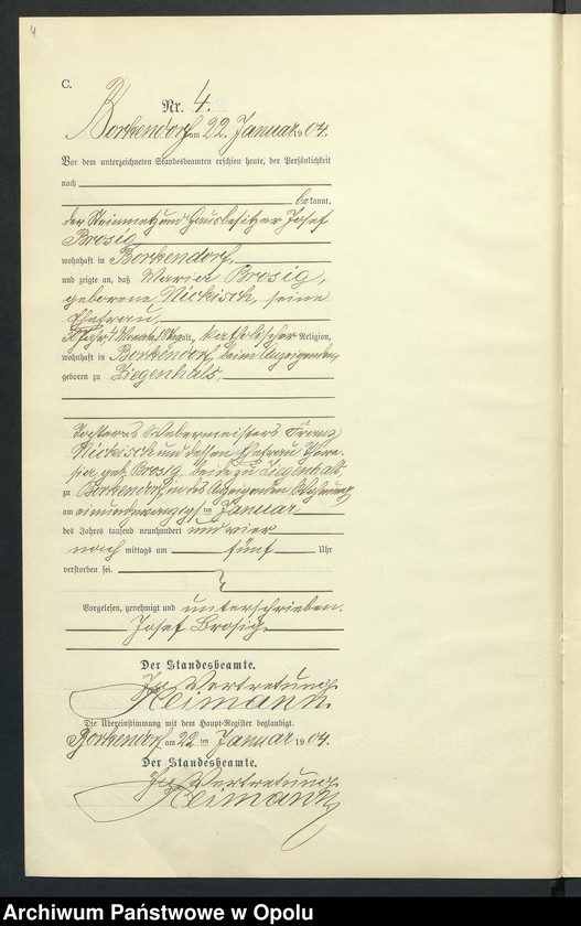 Obraz 8 z jednostki "Sterbe-Neben-Register des Standesamts Borkendorf pro 1904"