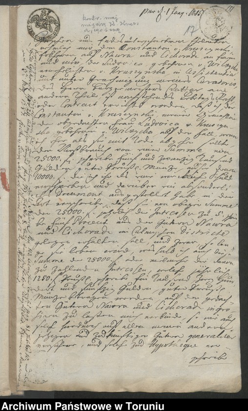 image.from.unit.number "Konstanty Kruszyński - akta rodzinne: zapisy majątkowe, kontrakt majątkowy między Konstantym Kruszyńskim a jego żoną Ludwiką z Wilkrzyckich podział majątku między rodziną Wilkrzyckich, testament Konstantego Kruszyńskiego z 1796, legat na rzecz służby i testament Konstantego Kruszyńskiego z 2.VII.1817, spisy majątku stanowiącego posag córek K. Kruszyńskiego"