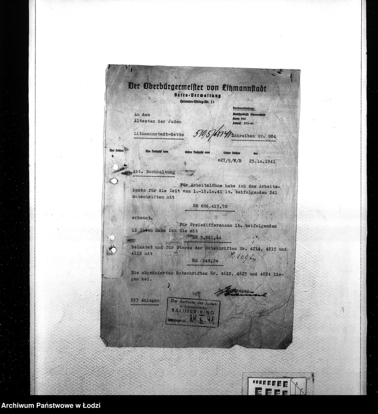 Obraz 4 z jednostki "Sonderkonto [Korespondencja PSŻ z GV w sprawach buchalteryjnych: uznanie konta za przekazane Niemcom mienie żydowskie i dostarczoną siłę roboczą w zamian świadczeń ze strony GV]"