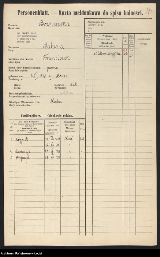 Obraz 15 z jednostki "[Spis ludności Łodzi] Bochenkiewicz - Bogdanow"
