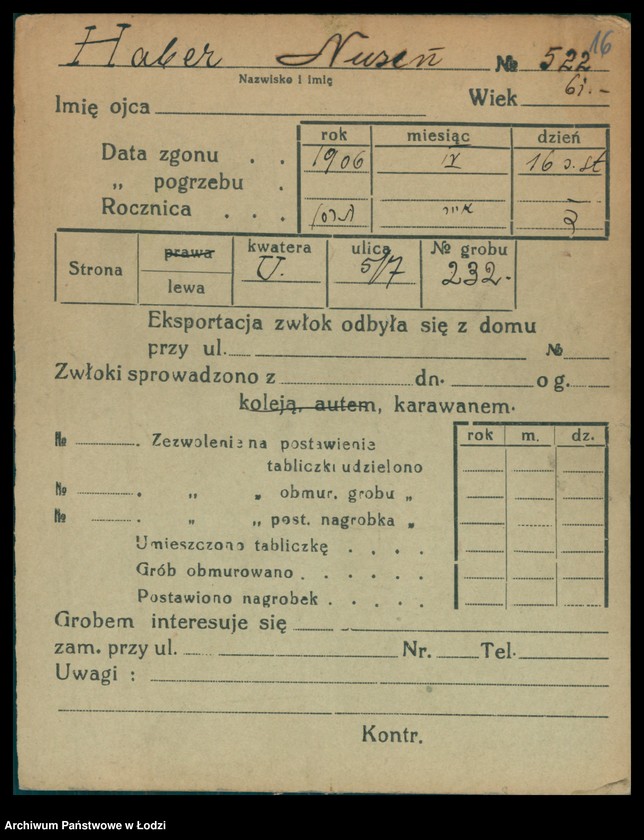 Obraz 17 z jednostki "Kartoteka osób pochowanych na cmentarzu żydowskim przy ulicy Brackiej w latach 1892-1961. Nazwiska na litery: Ha-Helme"