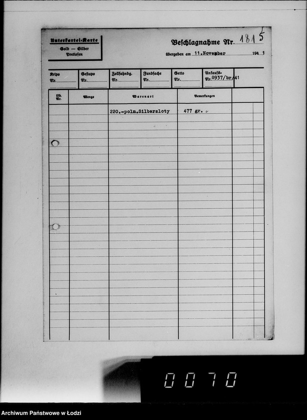 Obraz 9 z jednostki "Ankauf vom J.A.[Kartoteka dostaw skonfiskowanych kosztowności]"