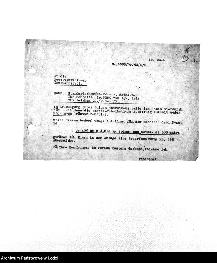 Obraz 16 z jednostki "Bedarfsmeldungen [Skierowane do GV zapotrzebowania na surowce, materiały, narzędzia, maszyny itp. potrzebne resortom pracy do produkcji; zamówienia żywności, lekarstw]"