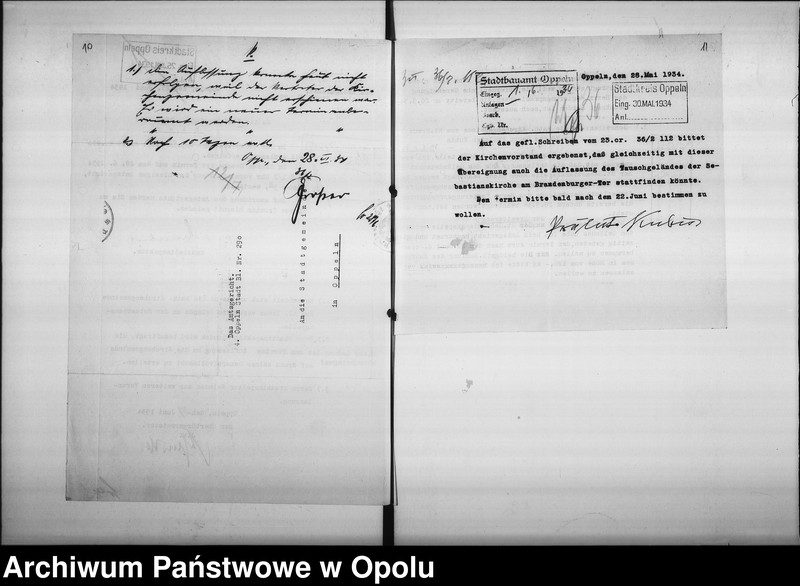 Obraz 10 z jednostki "[Dotyczy rozbudowy kościółka św. Sebastiana w Opolu, odstąpienia parceli przez gminę miejską na powyższy cel]"