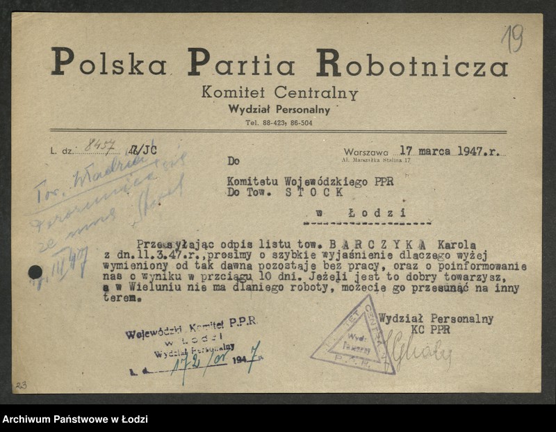 Obraz 20 z jednostki "Korespondencja [z Wydziałem Personalnym Komitetu Centralnego]"