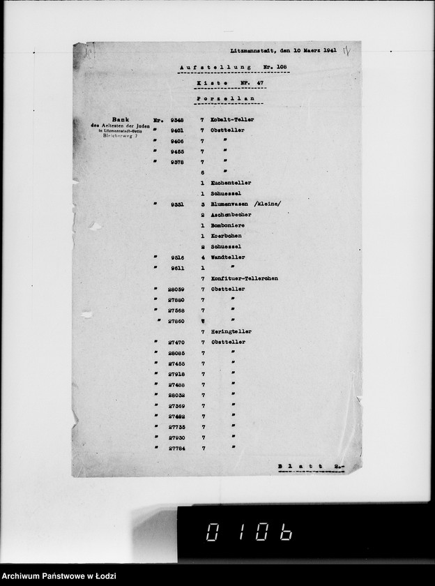 Obraz 11 z jednostki "Anlieferung des Judenältesten Silber [Zestawienia skonfiskowanych w Getcie kosztowności]"