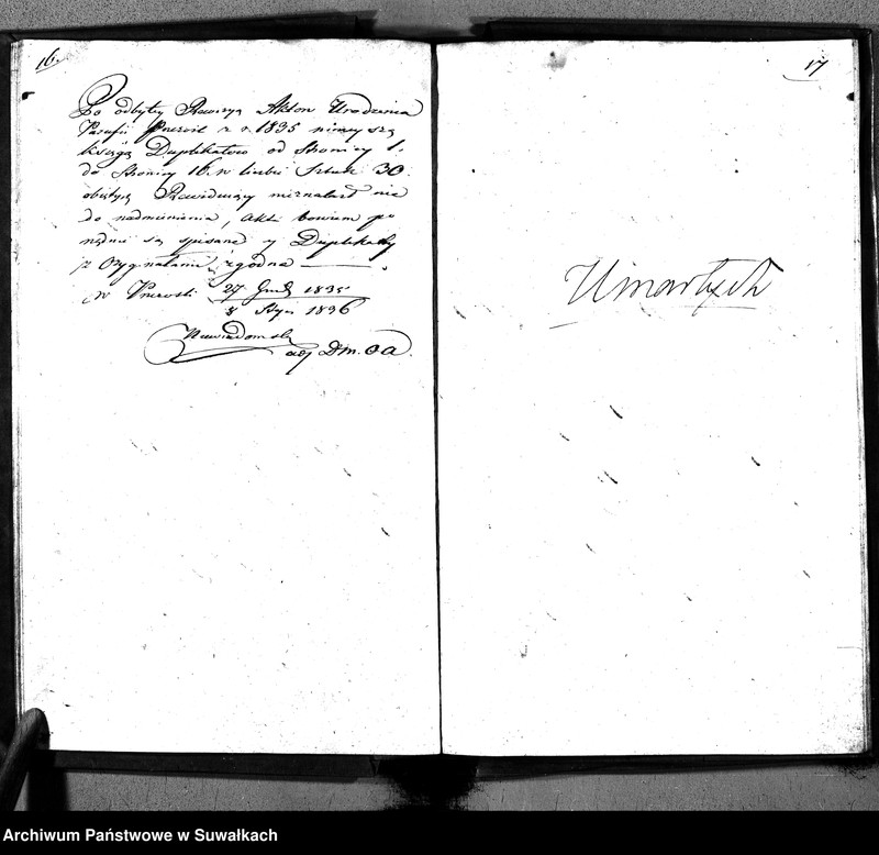 image.from.unit.number "Duplikatu Ksiąg Aktów Urodzonych, Umarłych i Zaślubionych Okręgu Przerośl na Rok 1835."