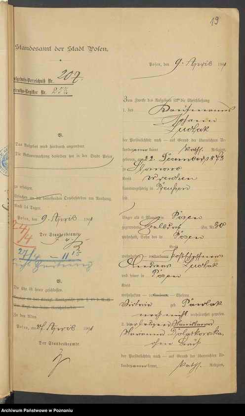 Obraz 20 z jednostki "Die von den Verlobten beigebrachten Urkunden zur Eheschliessung pro 1901. Vol VI"