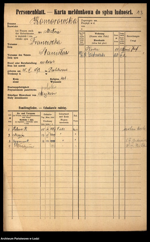 Obraz 15 z jednostki "[Spis ludności Łodzi] Komorowska - Kon"